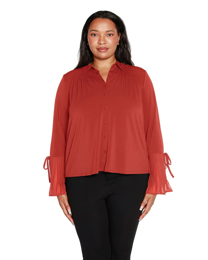 Front of a model wearing a size 1X Bell-Sleeve Button-Front Top in Sienna by Belldini Black Label. | dia_product_style_image_id:304803